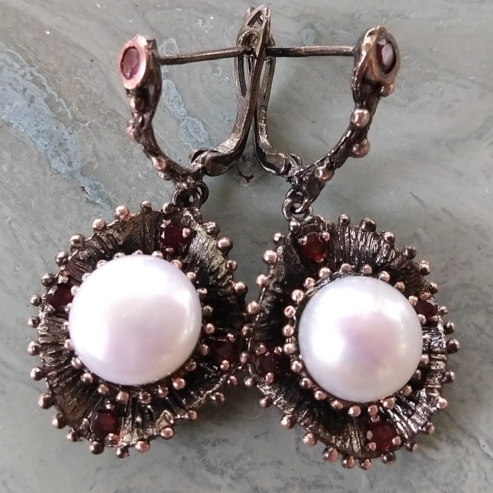 Pearl and Garnet Vintage-Style Drop Earrings - Women Jewelry